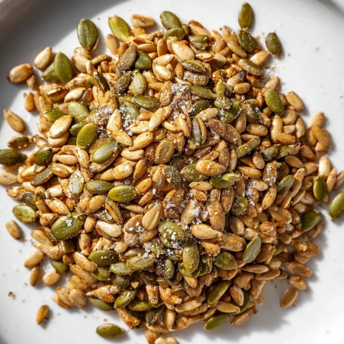 Golden-brown roasted seeds with salt glisten on a parchment-lined baking sheet, exuding a warm, nutty aroma after oven roasting.