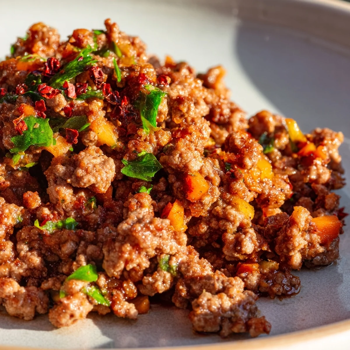 Hearty Savory Meat Filling cooked with ground beef, garlic, and spices, ready to stuff into peppers or pies.