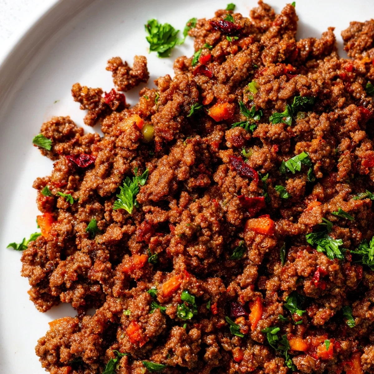 Golden-brown Savory Meat Filling simmering in a skillet with tomato paste, onions, and herbs, perfect for empanadas.