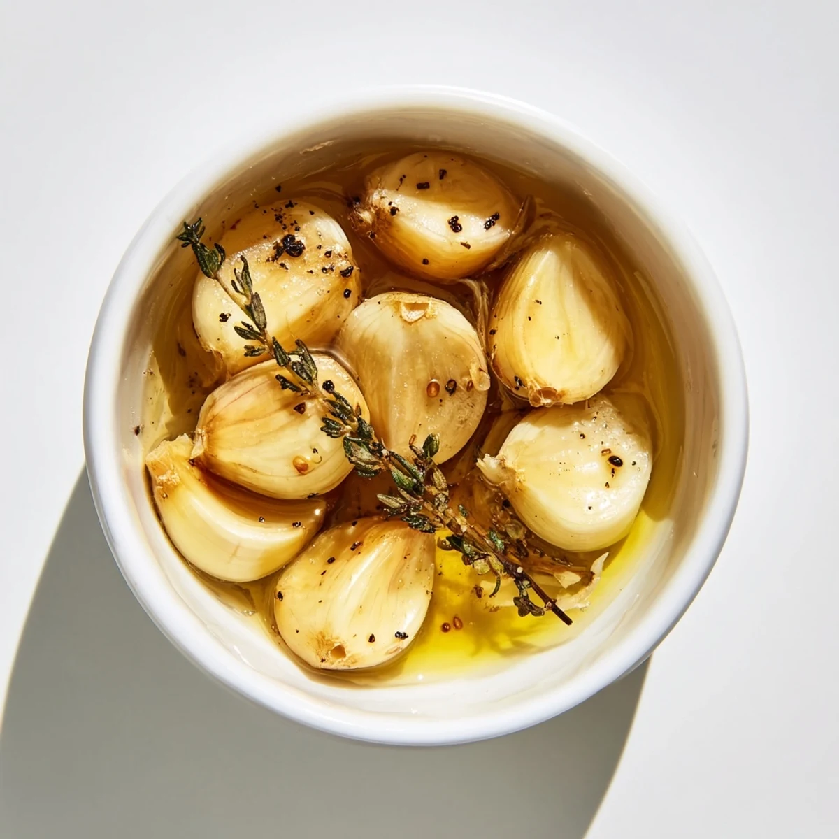 Golden roasted garlic cloves in olive oil, perfect for spreading on crusty bread or stirring into pasta.