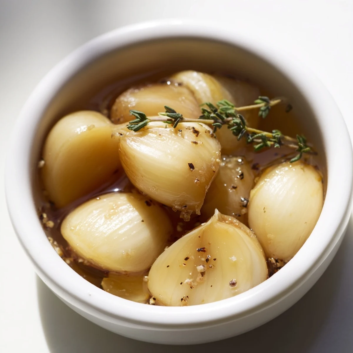Caramelized garlic cloves glistening in olive oil, an aromatic Mediterranean condiment for countless delicious dishes.