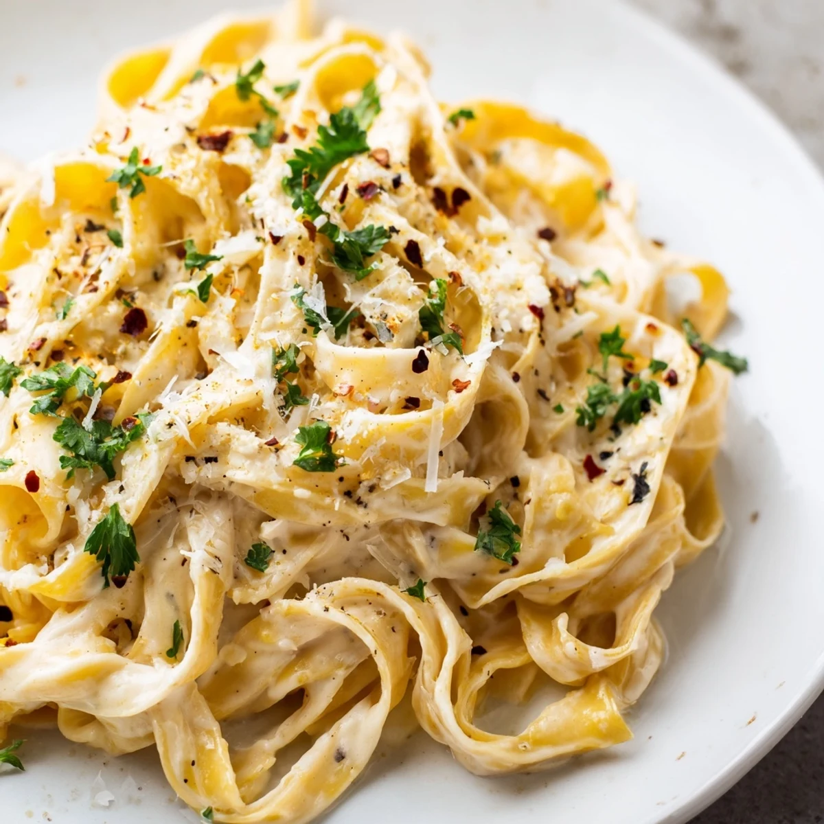 Steaming plate of Creamy Garlic Pasta with Parsley, garnished with extra Parmesan and a twist of black pepper. 