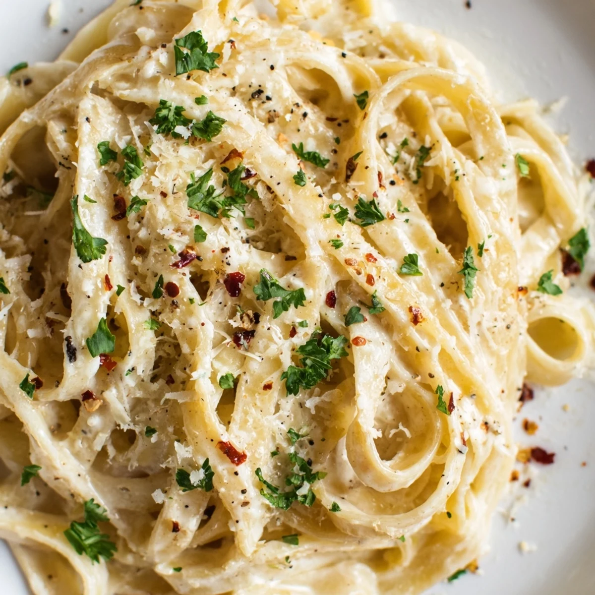 A serving of Creamy Garlic Pasta with Parsley twirled on a fork, with rustic bread alongside for a cozy meal.