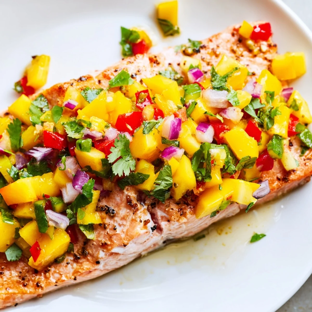 Freshly prepared Baked Salmon with Mango Salsa garnished with cilantro, ready to serve for dinner.