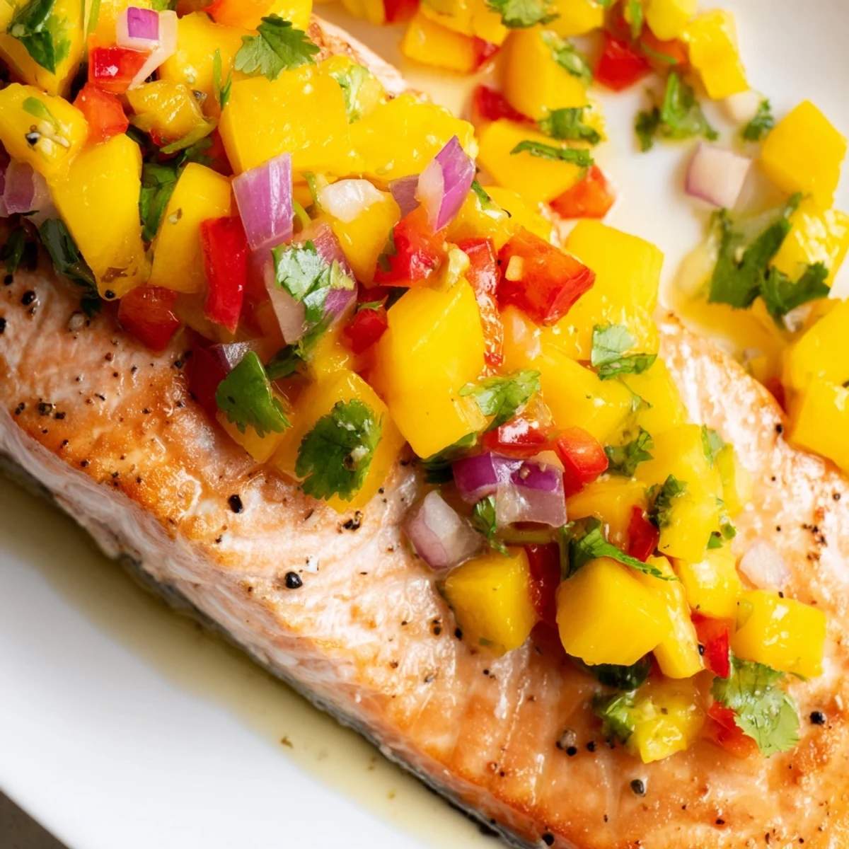 A close-up of flaky Baked Salmon with Mango Salsa served on a white plate with herbs.