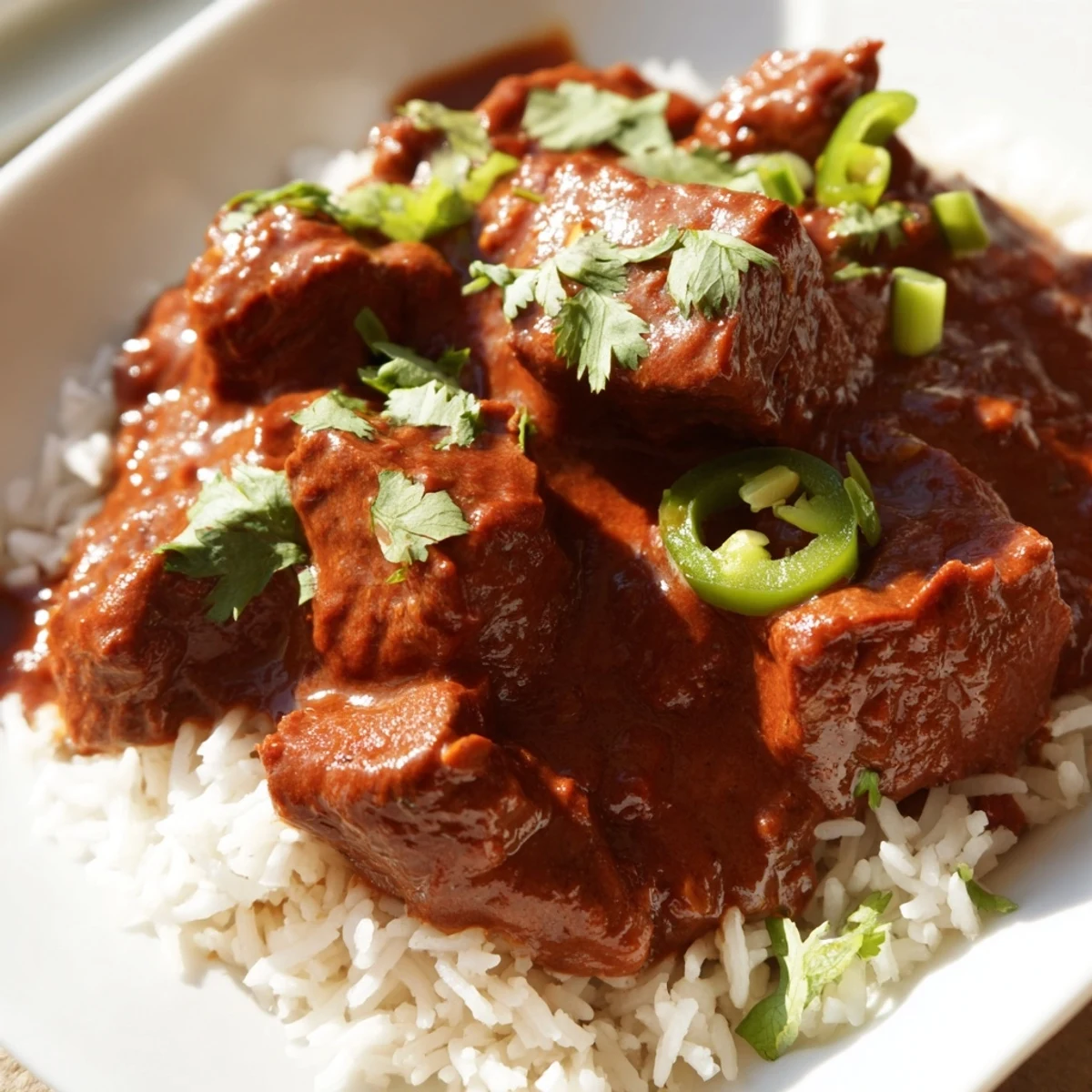 Steaming, golden Spicy Beef Curry with Basmati Rice is spooned onto a plate, garnished with fresh cilantro.