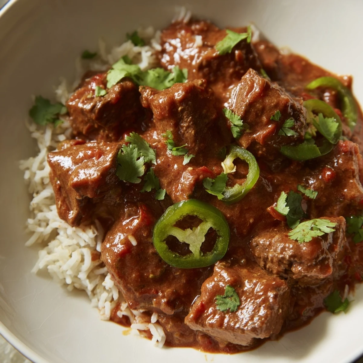 Tender beef cubes in a rich, reddish-brown Spicy Beef Curry with Basmati Rice, with a dollop of yogurt.