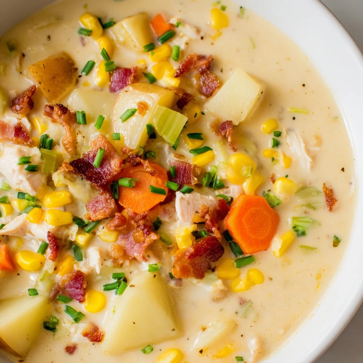 Creamy Corn Chowder with Turkey Bacon ladled into a rustic bowl, garnished with crispy bacon bits and fresh chives.