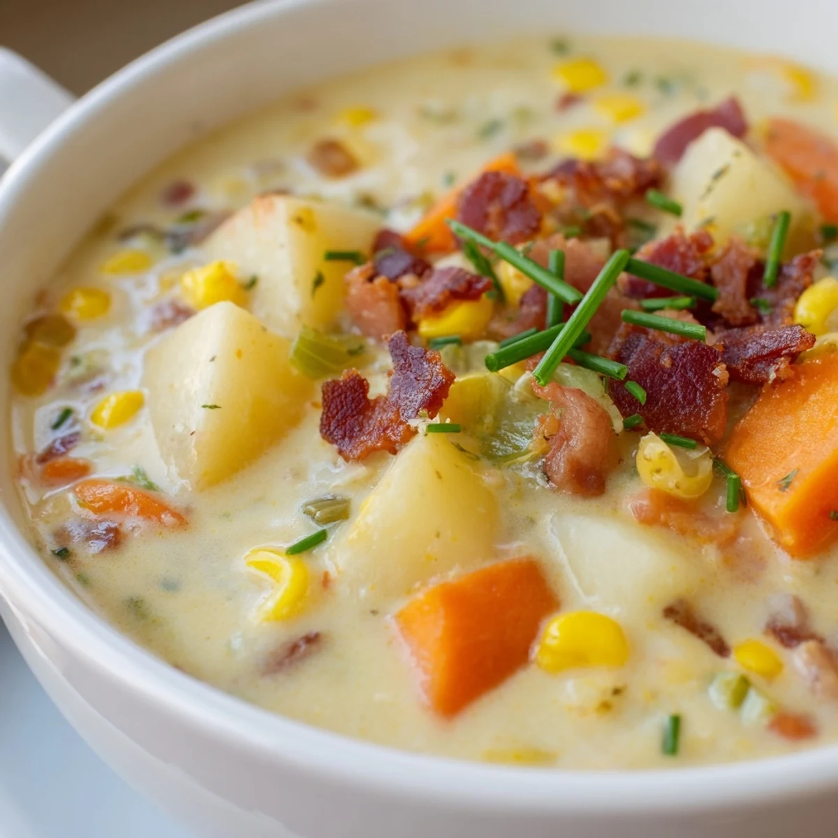 Close-up of Creamy Corn Chowder with Turkey Bacon showing tender potatoes and sweet corn kernels in a rich broth.