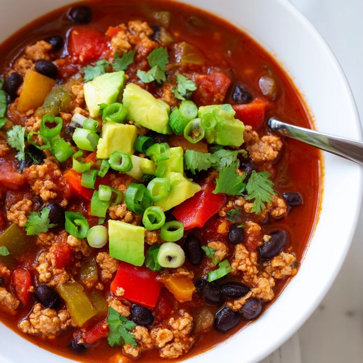 Steaming turkey chili with black beans served in a rustic bowl, garnished with fresh cilantro and diced avocado.