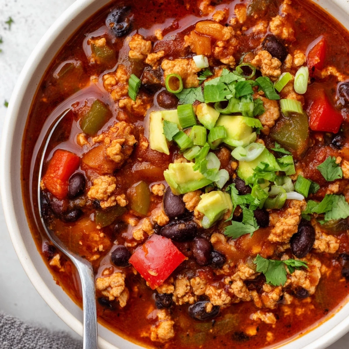 A hearty pot of turkey chili with black beans simmering on the stove, ready for a cozy weeknight dinner.