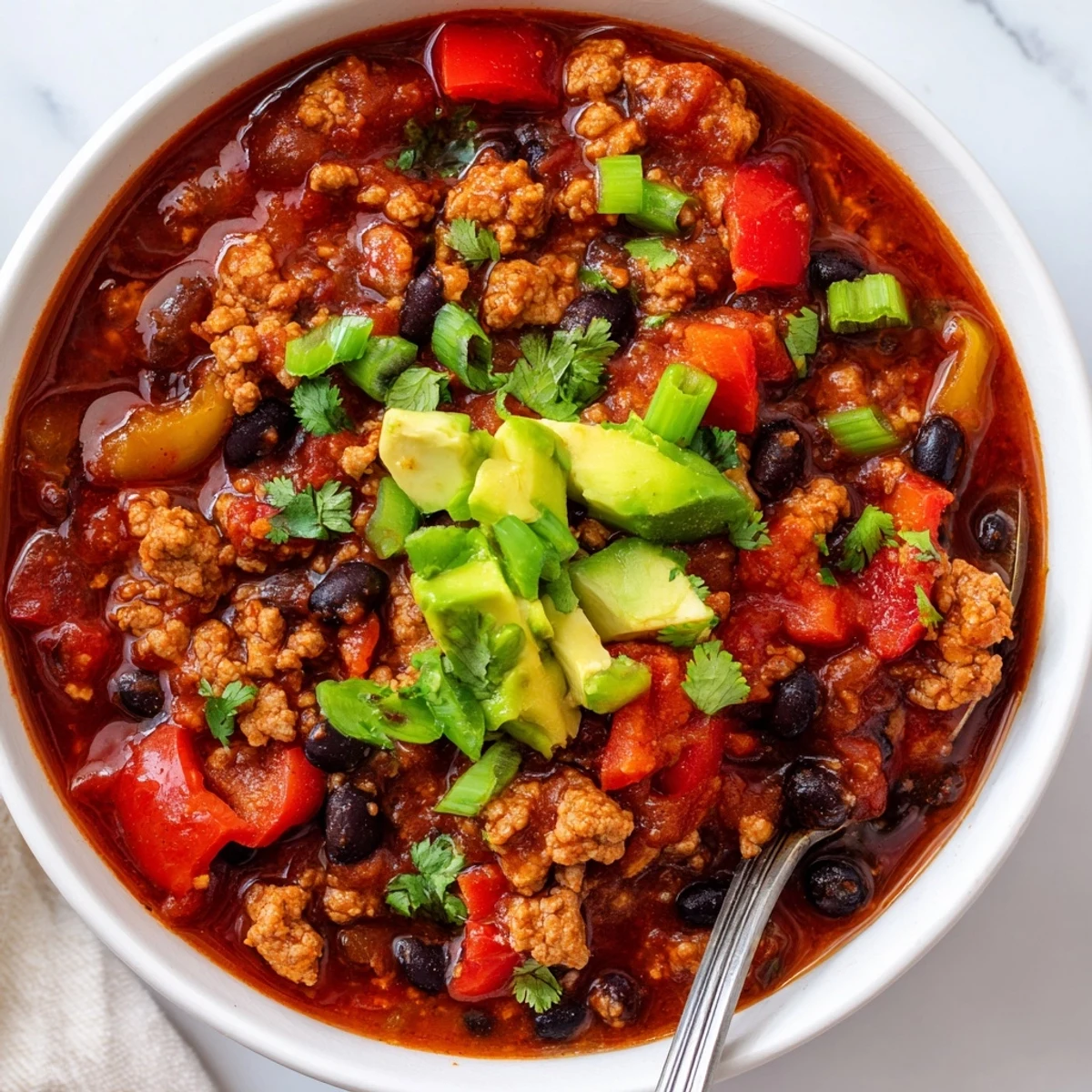 Turkey chili with black beans topped with lime wedges and green onions, paired with crunchy tortilla chips on the side.