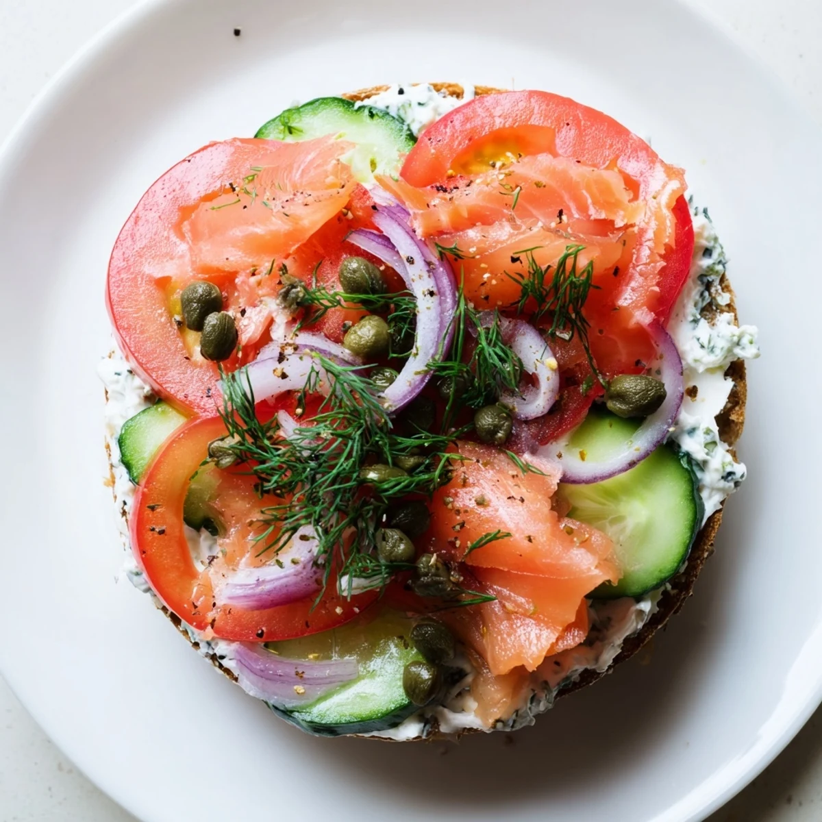 Golden toasted bagel halves topped with tender baked salmon, red onion, cucumber, and tomato slices in the Baked Salmon Brunch Bagel.