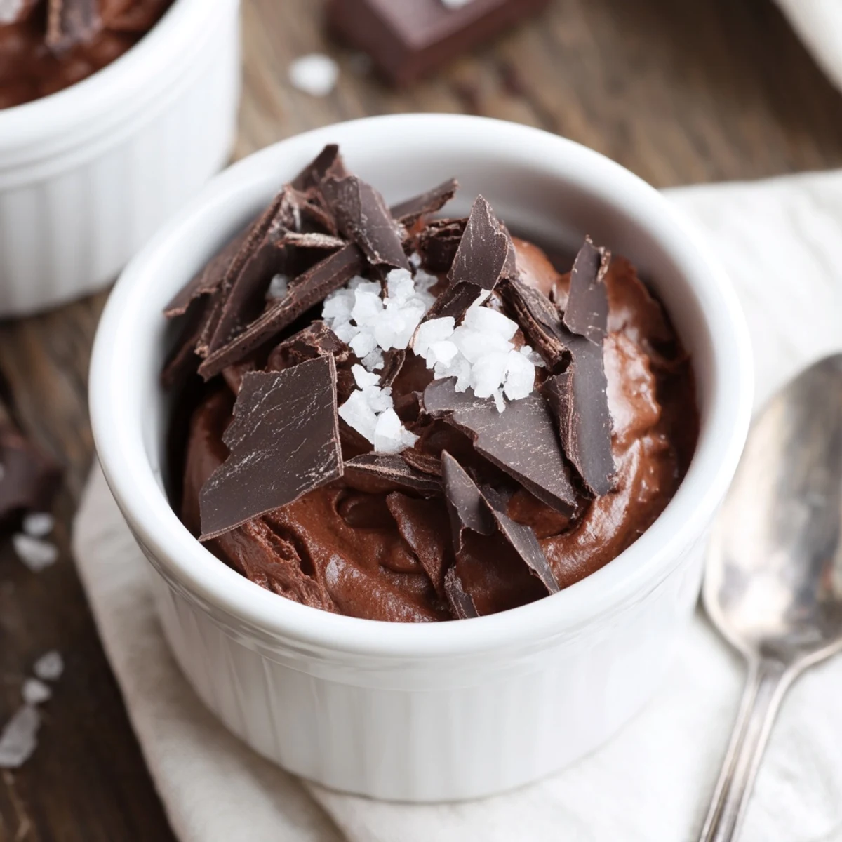 Four clear serving glasses of silky Dark Chocolate Mousse with Sea Salt are shown with chocolate shavings on top.