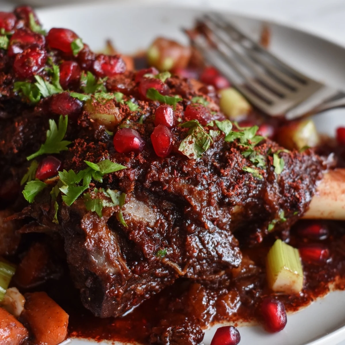 Tender Lamb Shanks with Pomegranate Molasses served over fluffy couscous and garnished with fresh herbs.