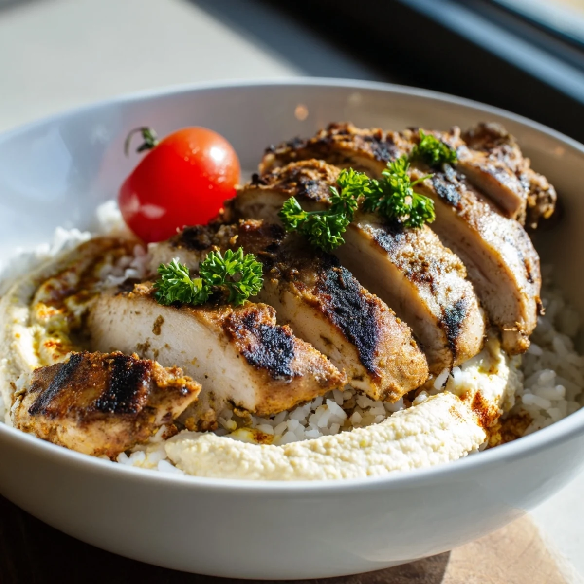 Colorful Chicken Shawarma Bowl topped with cherry tomatoes, red onions, fresh parsley, and a lemon wedge served over fragrant rice.