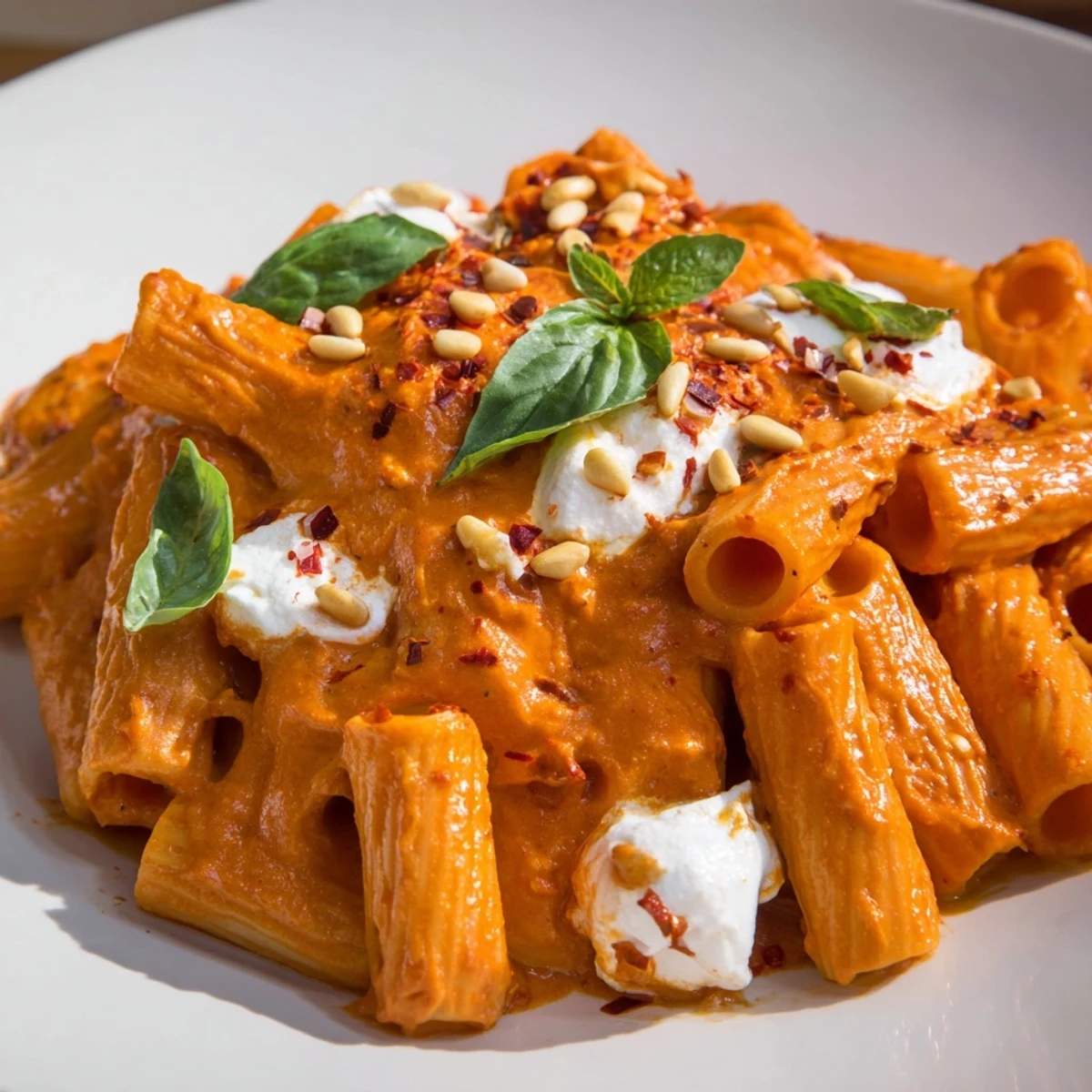 Creamy roasted red pepper pasta with goat cheese and fresh basil garnish.