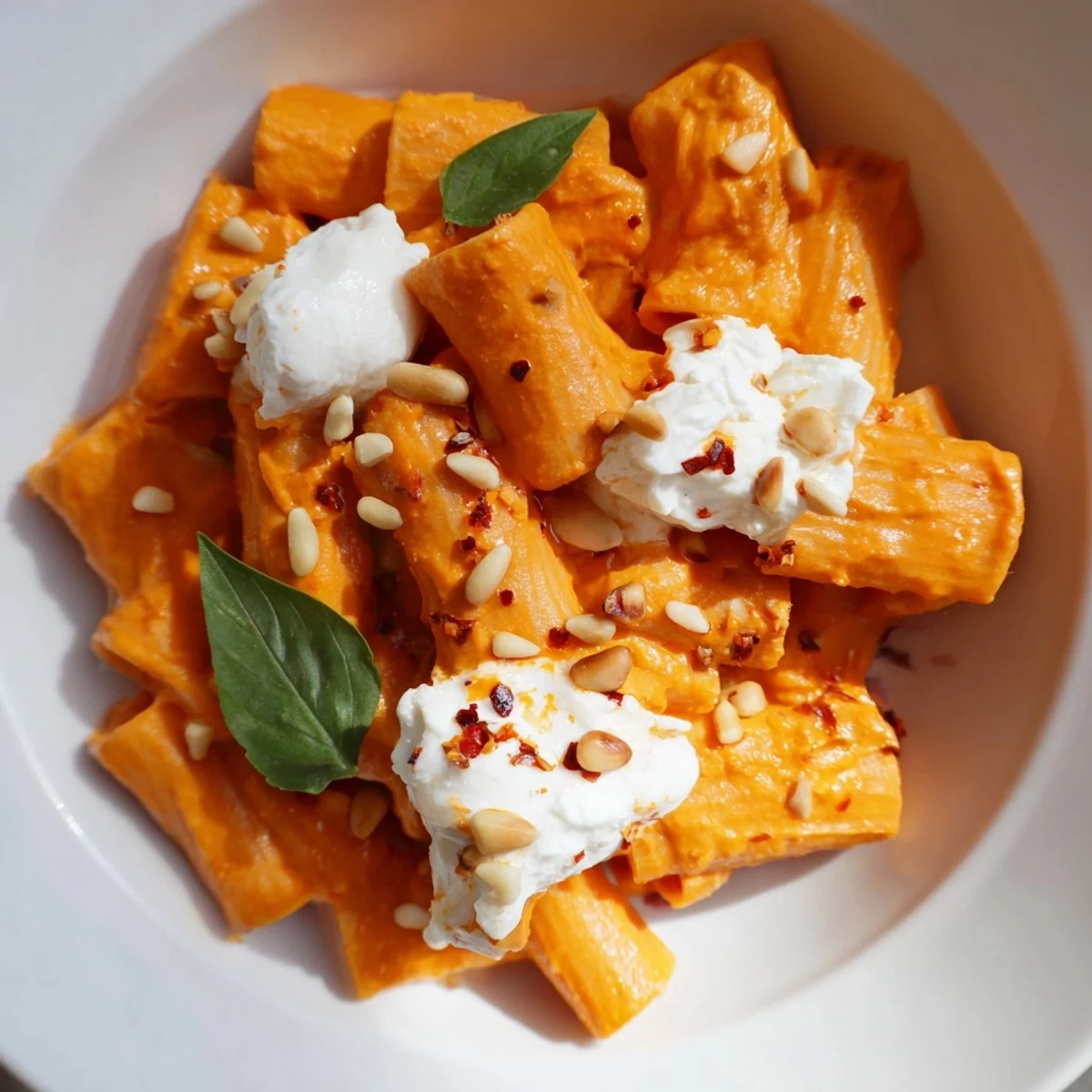 Al dente penne coated in a vibrant roasted red pepper pasta sauce with goat cheese.