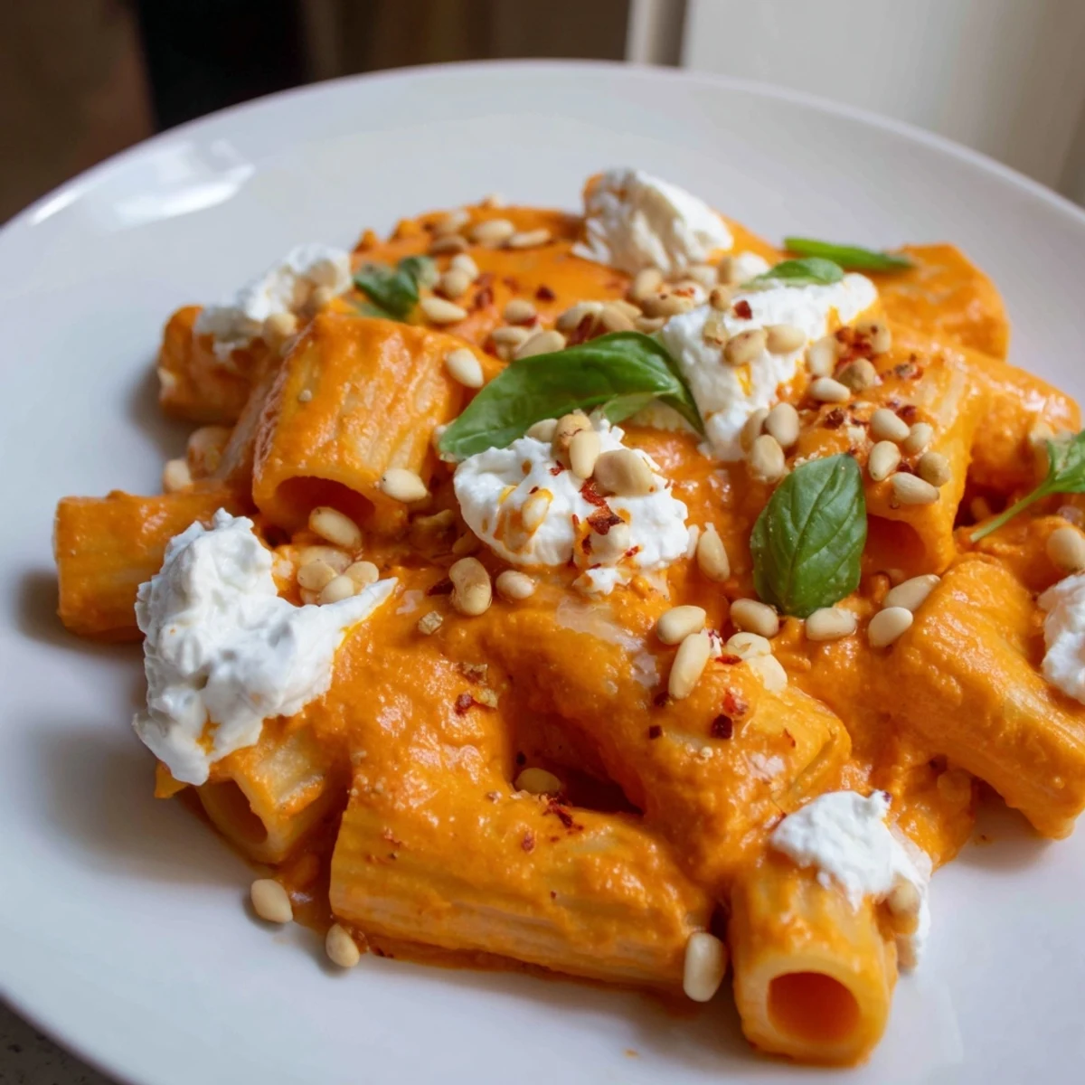 A warm skillet of vegetarian roasted red pepper pasta topped with toasted pine nuts and creamy goat cheese.