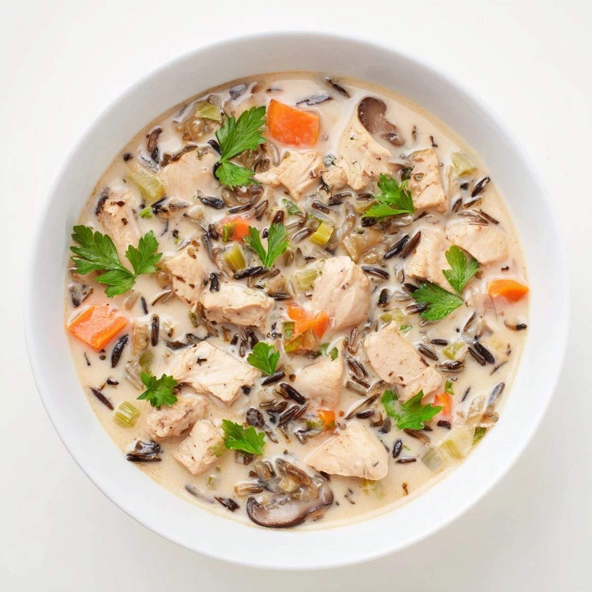 Hearty Turkey and Wild Rice Soup served hot with fresh parsley garnish.