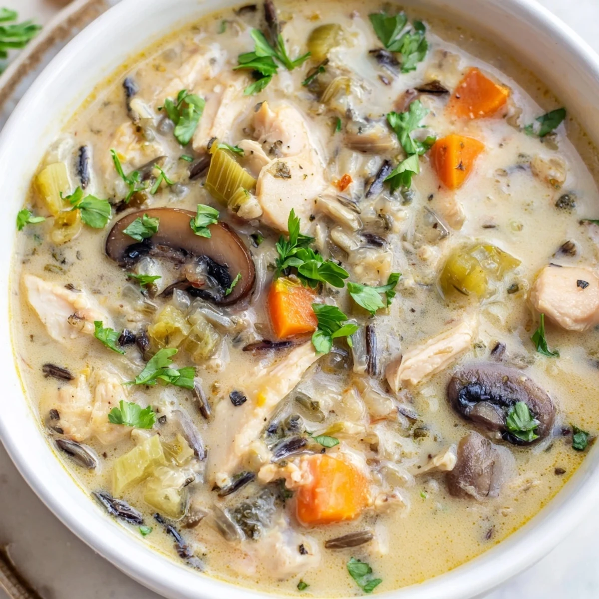 Close-up of Turkey and Wild Rice Soup in a rustic bowl, ready to eat.