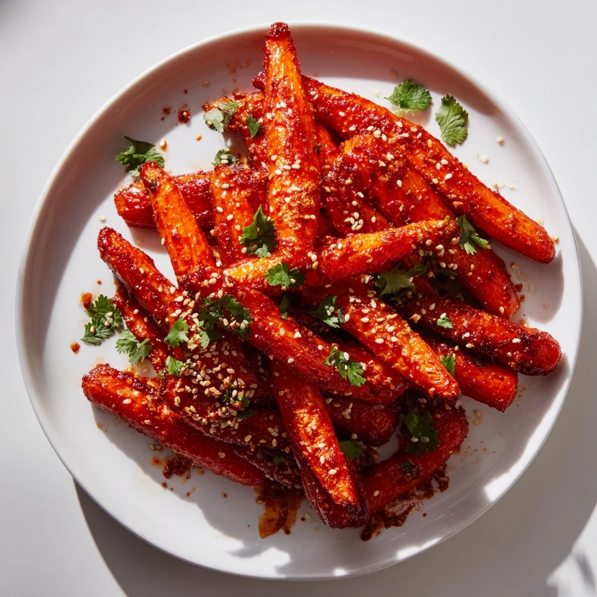 Spicy Harissa Roasted Carrots served warm on a platter with lemon wedges, lightly dusted with sesame seeds and fresh herbs.