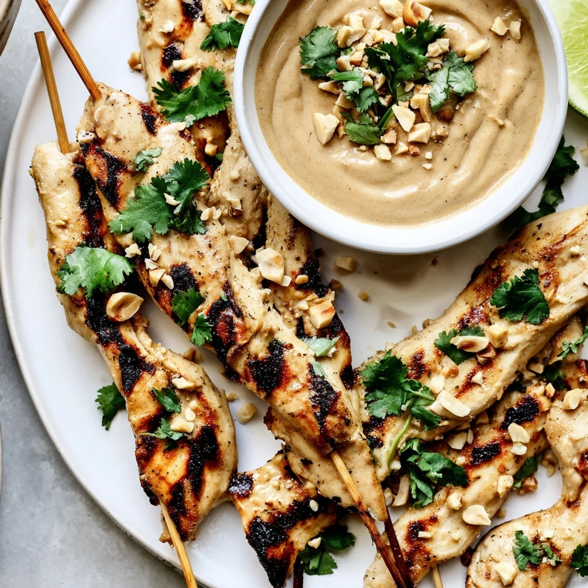 Close-up of tender marinated chicken skewers next to a small bowl of creamy peanut sauce for dipping.