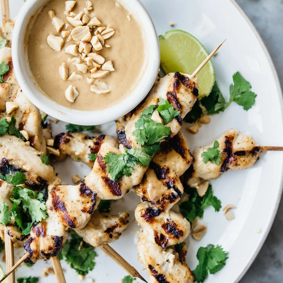 Sizzling Southeast Asian Chicken Satay Skewers with Peanut Sauce served over jasmine rice with fresh garnishes.