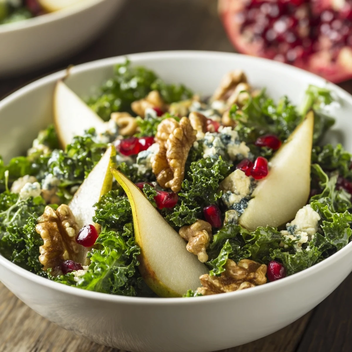 Fresh pear slices and toasted walnuts top a vibrant bowl of Winter Green Salad with tangy vinaigrette, perfect for a light lunch.