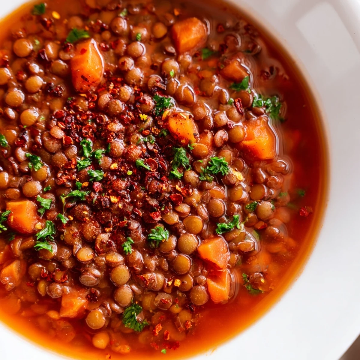 Homemade Spicy Lentil Soup with Carrots and Celery, featuring tender lentils and diced vegetables in a rich broth.