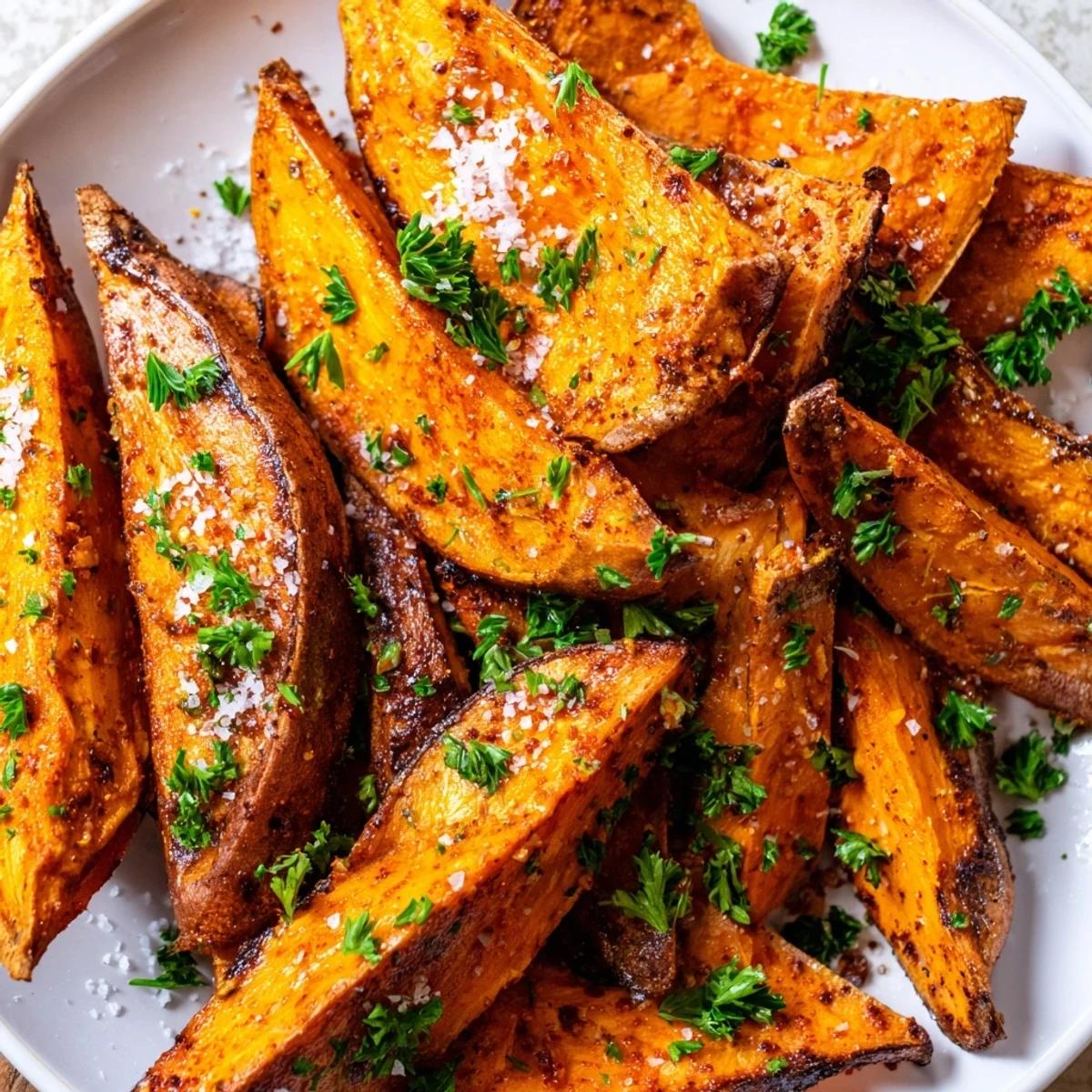 Golden brown Roasted Sweet Potato Wedges with Paprika on a baking sheet, garnished with fresh parsley. 