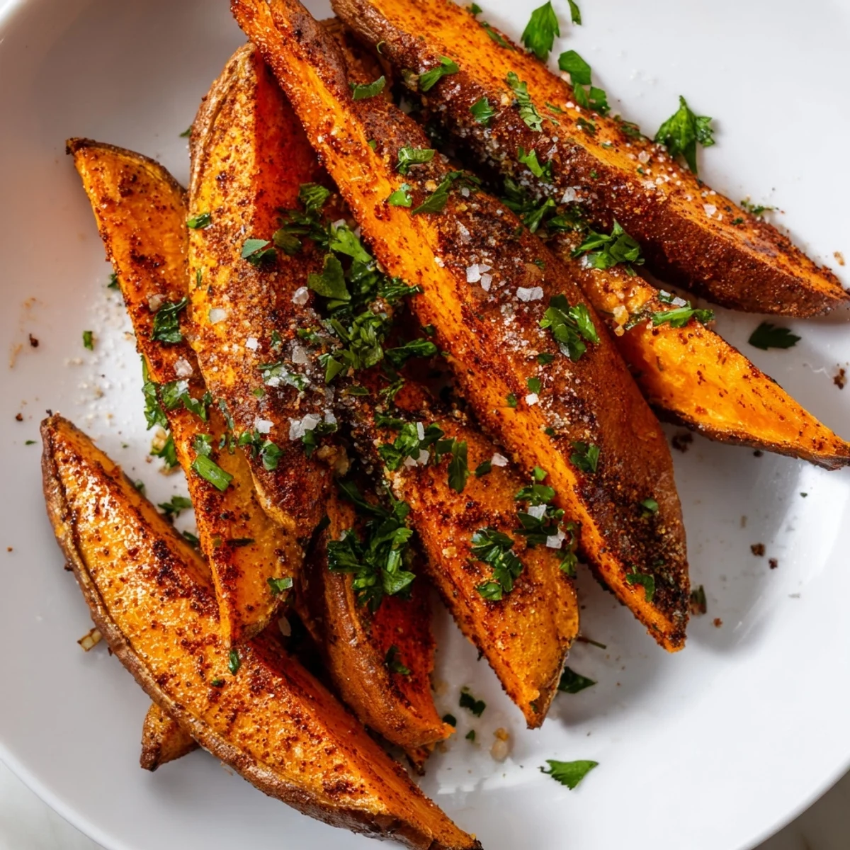 Crispy Roasted Sweet Potato Wedges with Paprika served alongside a creamy garlic aioli dip. 