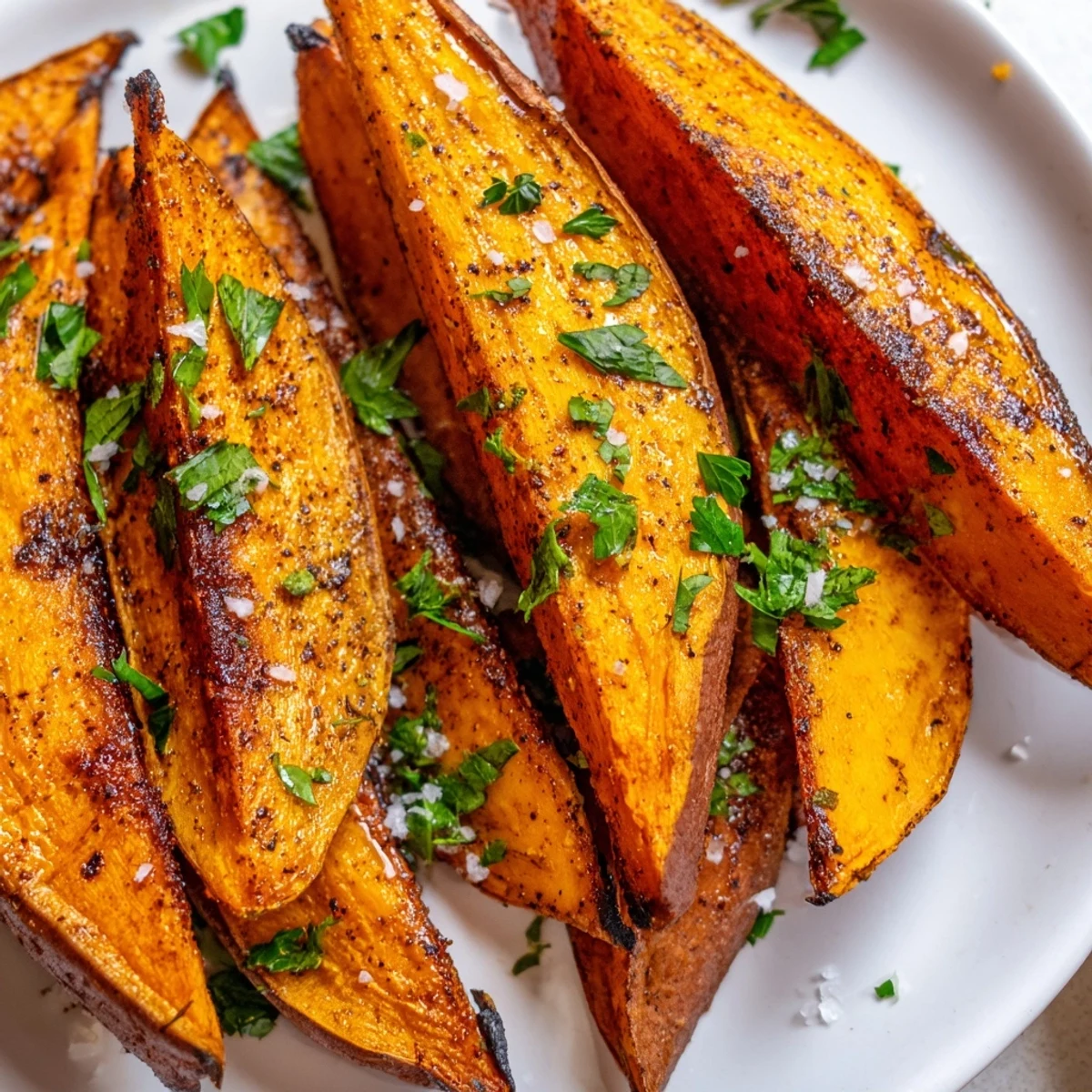 Close-up of Roasted Sweet Potato Wedges with Paprika showing tender interiors and smoky paprika seasoning.