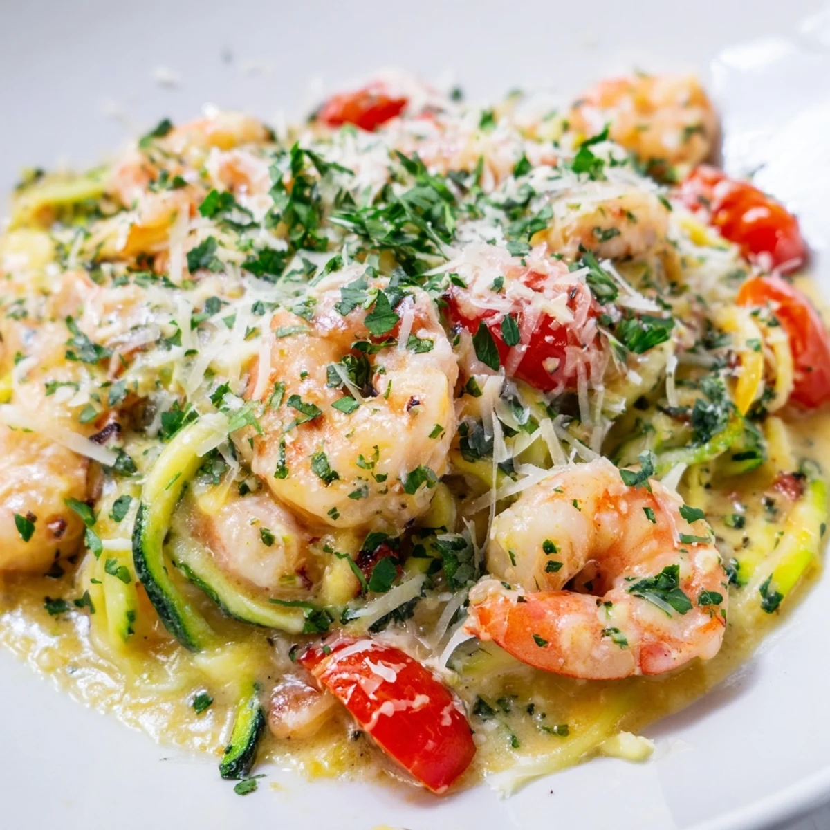 Tender zucchini noodles twirl with succulent shrimp in a rich, garlicky cream sauce for a low carb dinner.