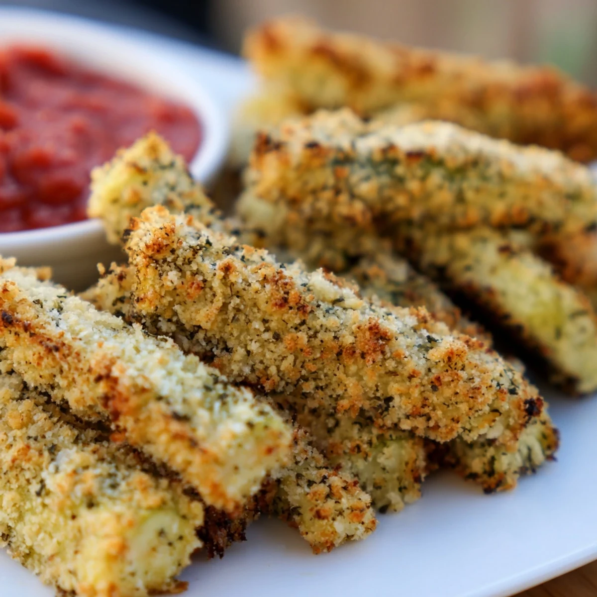 Freshly baked Baked Zucchini Fries with Marinara Sauce feature crispy, golden sticks coated in herbs and a rich red dipping sauce.
