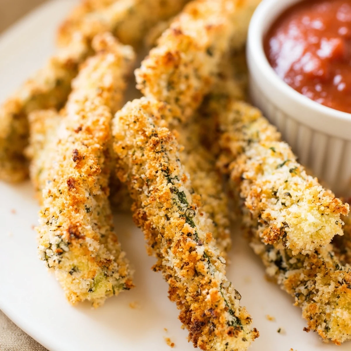 Golden Parmesan-crusted Baked Zucchini Fries with Marinara Sauce are arranged on a rustic wooden platter, steaming hot and ready for dipping.