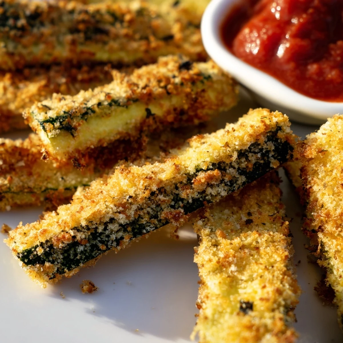 Close-up view of Baked Zucchini Fries with Marinara Sauce showing a crunchy panko crust and a small bowl of homemade tomato sauce.