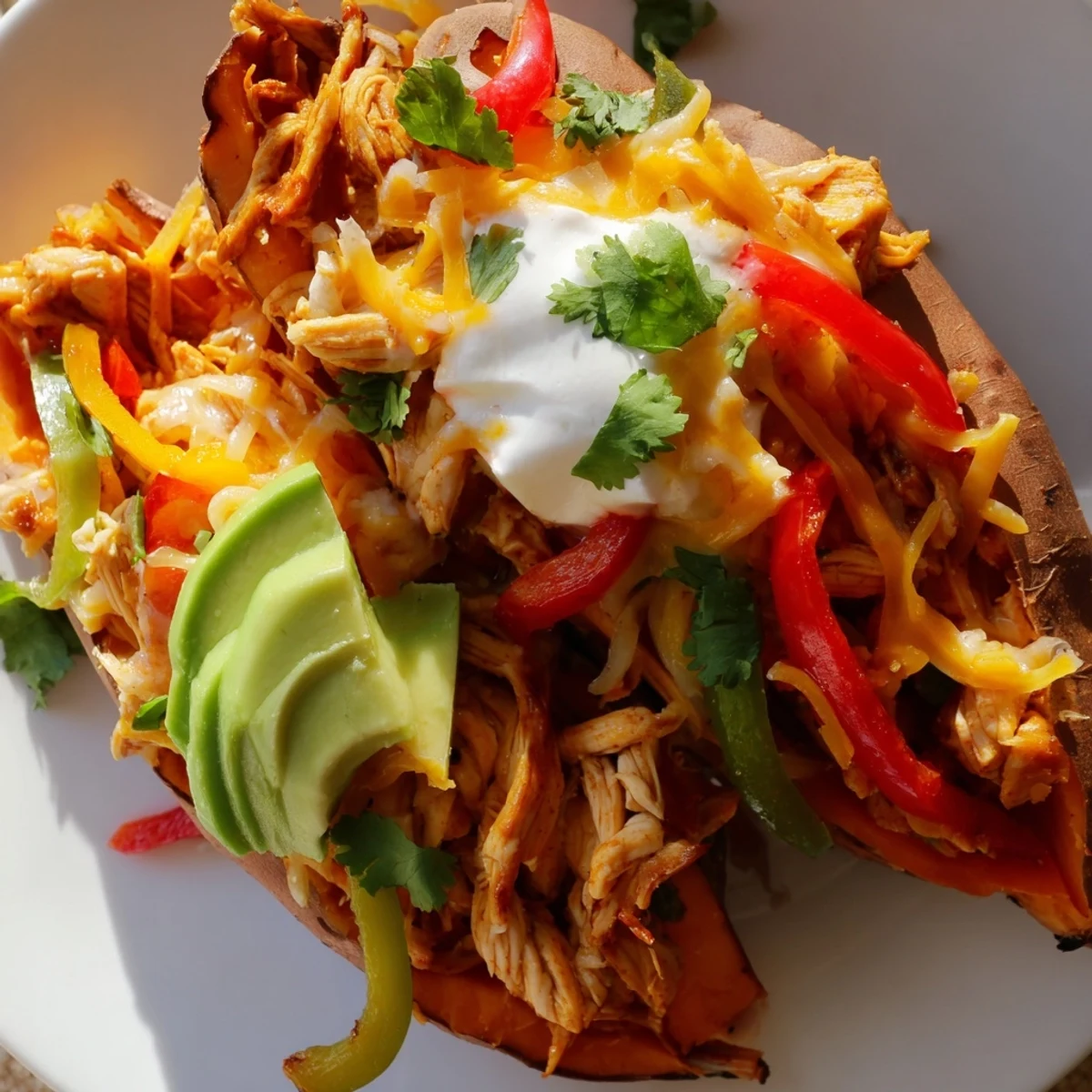 Roasted sweet potatoes overflowing with sizzling Chicken Fajita Stuffed Sweet Potatoes filling, topped with fresh avocado and cilantro.