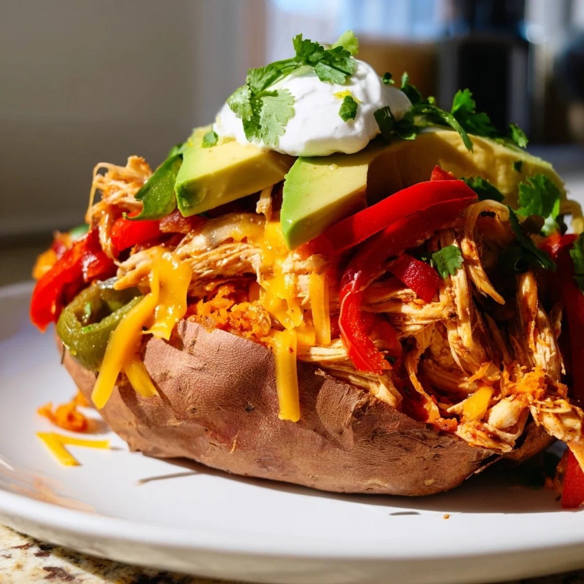 Gluten-free Chicken Fajita Stuffed Sweet Potatoes served hot with creamy sour cream, lime wedges, and colorful garnishes.