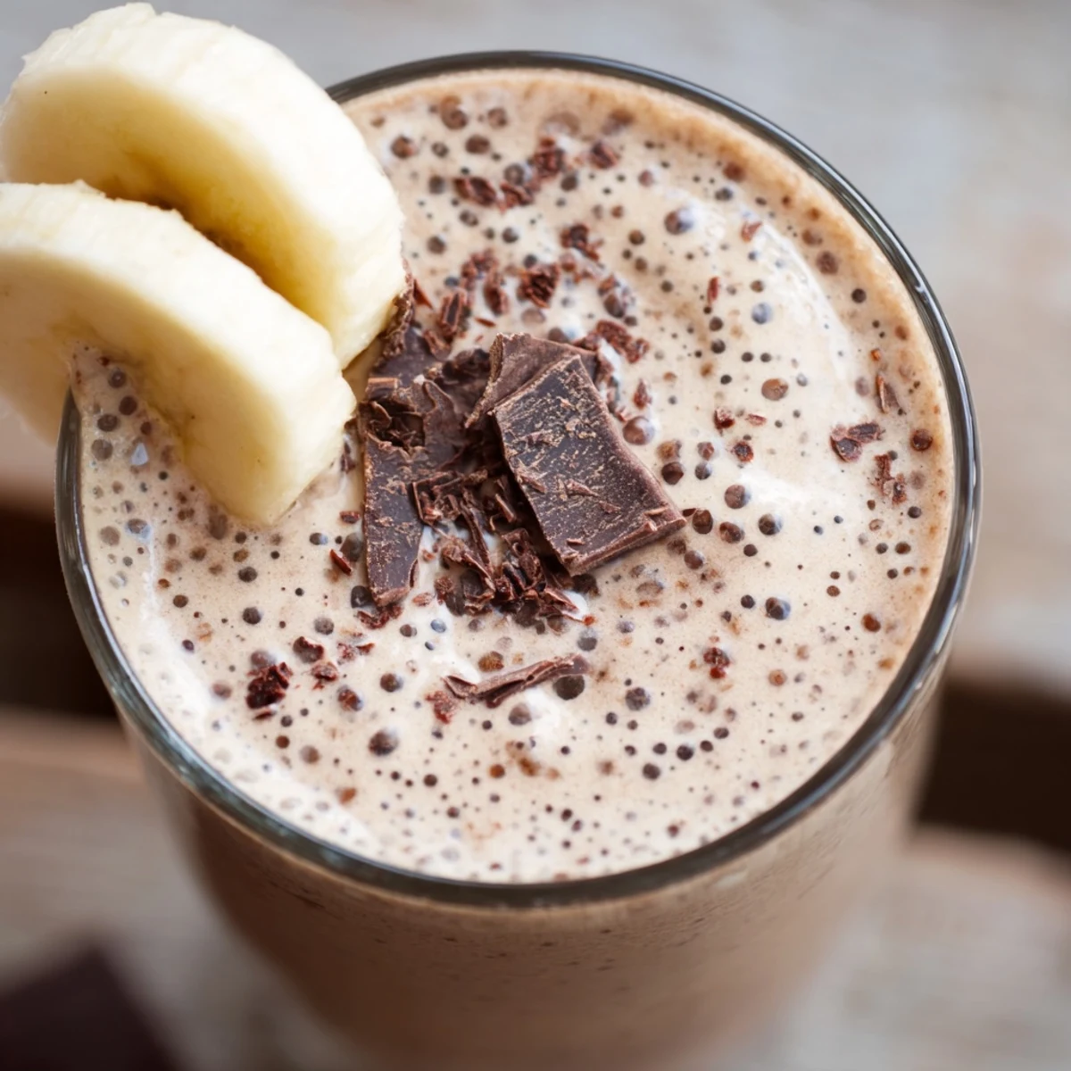 Thick Chocolate Peanut Butter Smoothie with Banana blended with ice, served in a mason jar beside ripe bananas and cocoa powder.