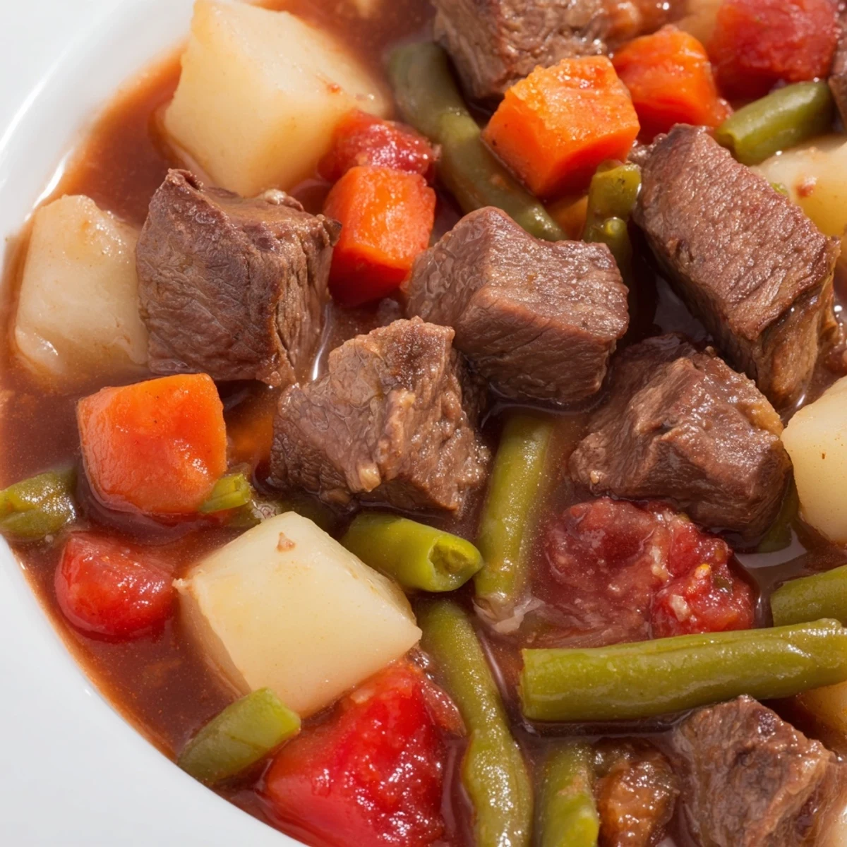 Steaming bowl of hearty Beef Vegetable Soup with Potatoes, garnished with fresh parsley for a comforting meal.