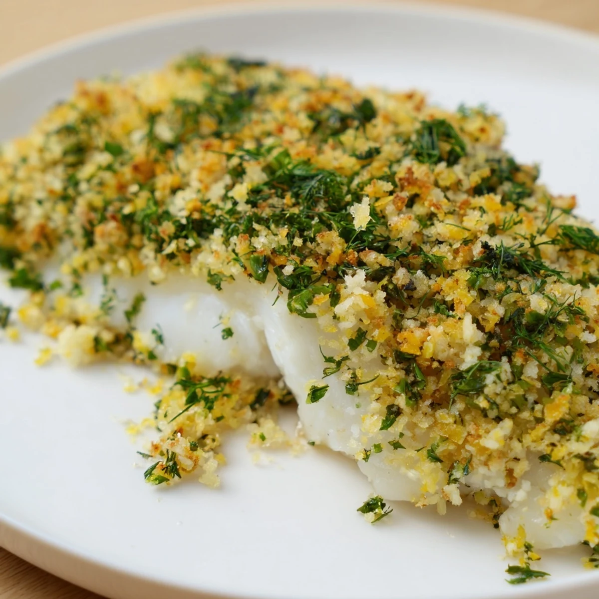 Golden-brown Baked Cod with Lemon Herb Panko Breadcrumbs topped with fresh herbs, served on a plate with lemon wedges.