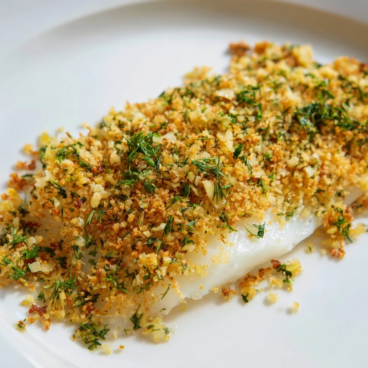 Tender flaky fish fillet prepared as Baked Cod with Lemon Herb Panko Breadcrumbs, displayed fresh from the oven in a ceramic dish.