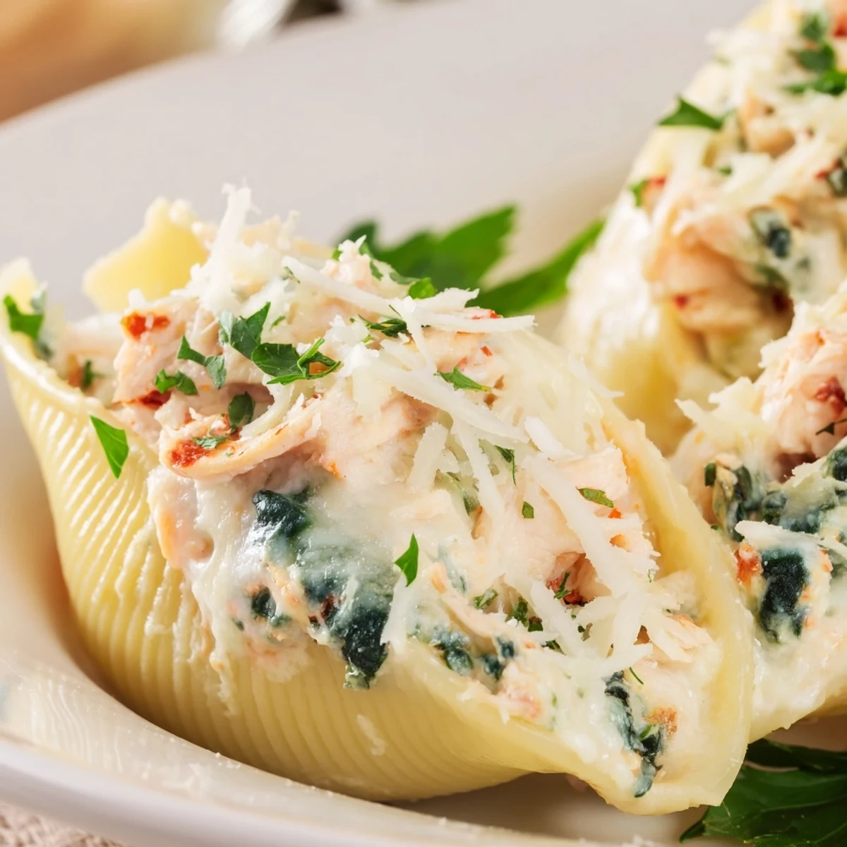 Golden-brown baked Chicken Alfredo Stuffed Shells bubbling with melted mozzarella in a ceramic dish.