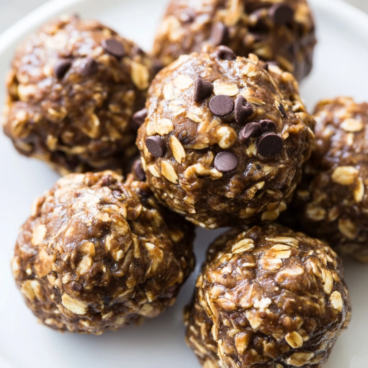 Close-up of Chocolate Peanut Butter Energy Balls with Chia Seeds on a marble board, showing chewy texture and melted chocolate chips.