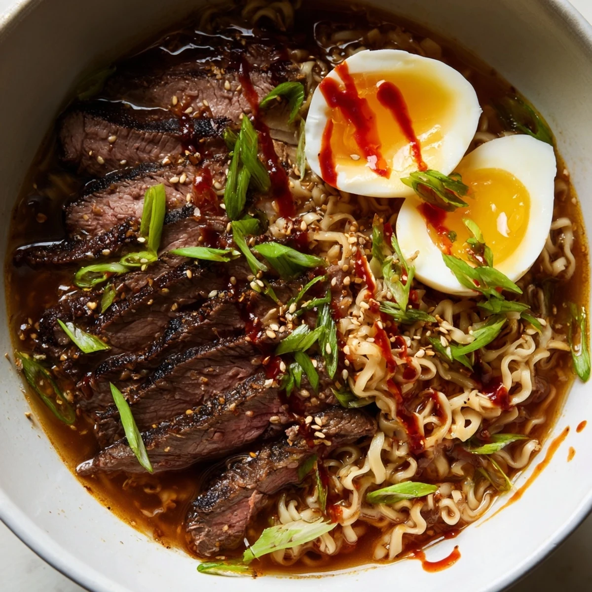 Sizzling beef, fresh ramen noodles, and marinated soft-boiled eggs garnished with scallions for a hearty meal.